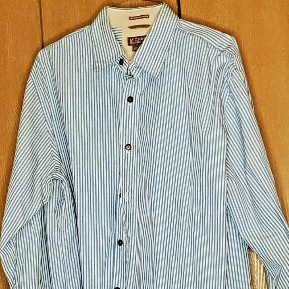 Michael Kors Men's Size L Dress Shirt Long Sleeve Blue&White Striped Button Up
